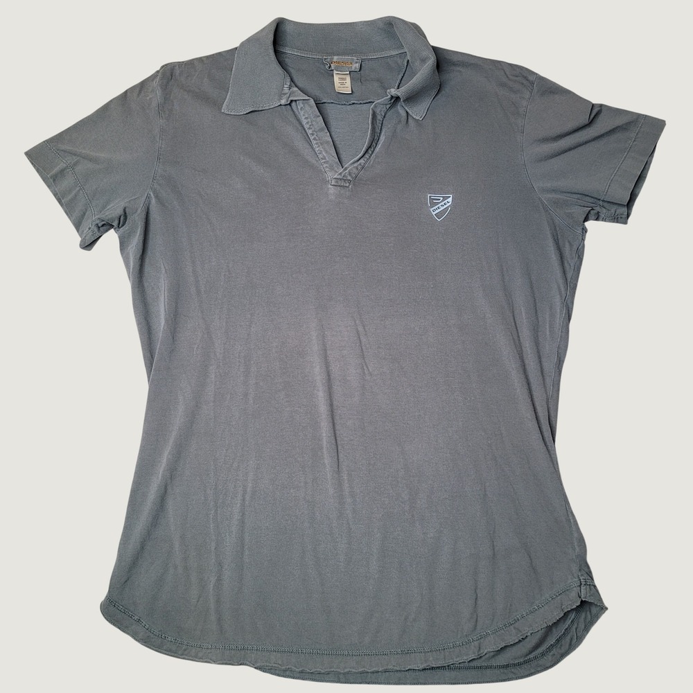 Diesel Mens V-Neck Polo Shirt XL Gray Short Sleeve Shield Logo Streetwear